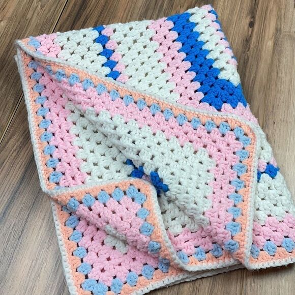 Handmade crocheted pink/blue/white/peach blanket - Picture 1 of 4